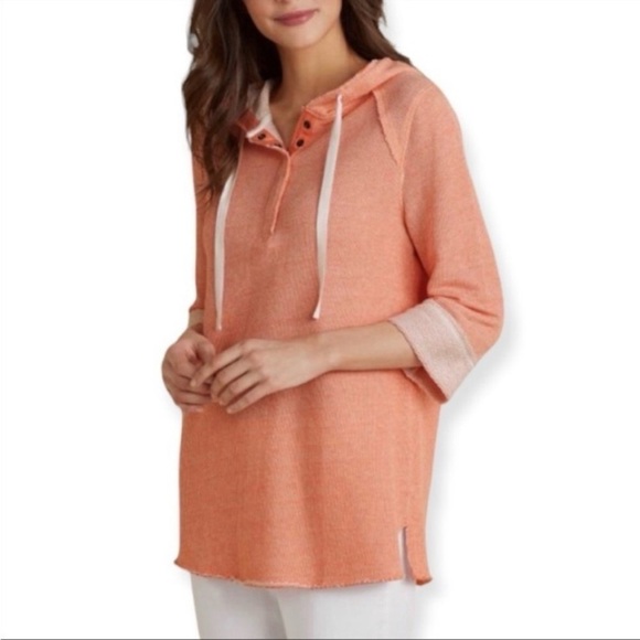 Soft Surroundings Coral Orange Sweatshirt Hoodie Boxy 1/2 Sleeve Size Medium - Picture 1 of 9